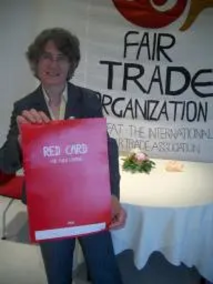 Fiona Hall with Fair Trade "Red Card"